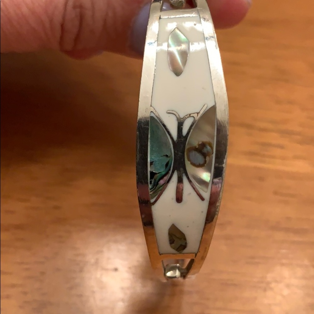 Silver Taxco Inlaid Enamel & Abalone Hook Bracelet